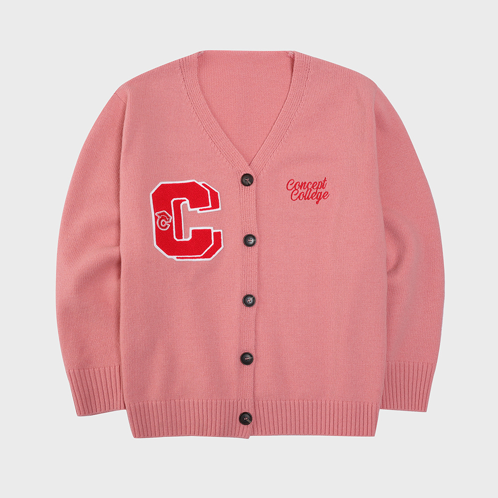 Double Big C Patch Pastel Pink Lambs Wool Knit Cardigan