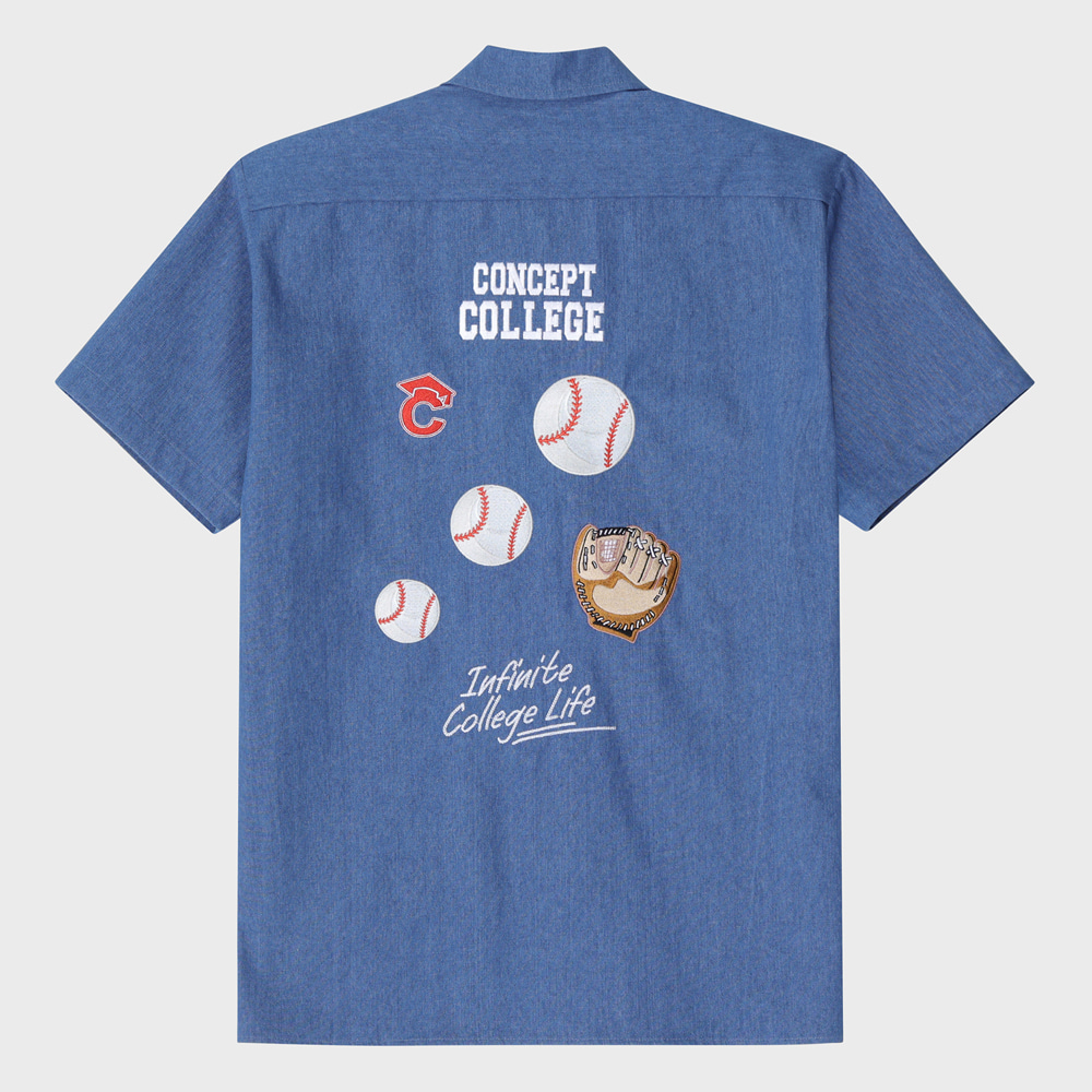 Baseball Grand Embroidery Short-Sleeved Denim Shirt