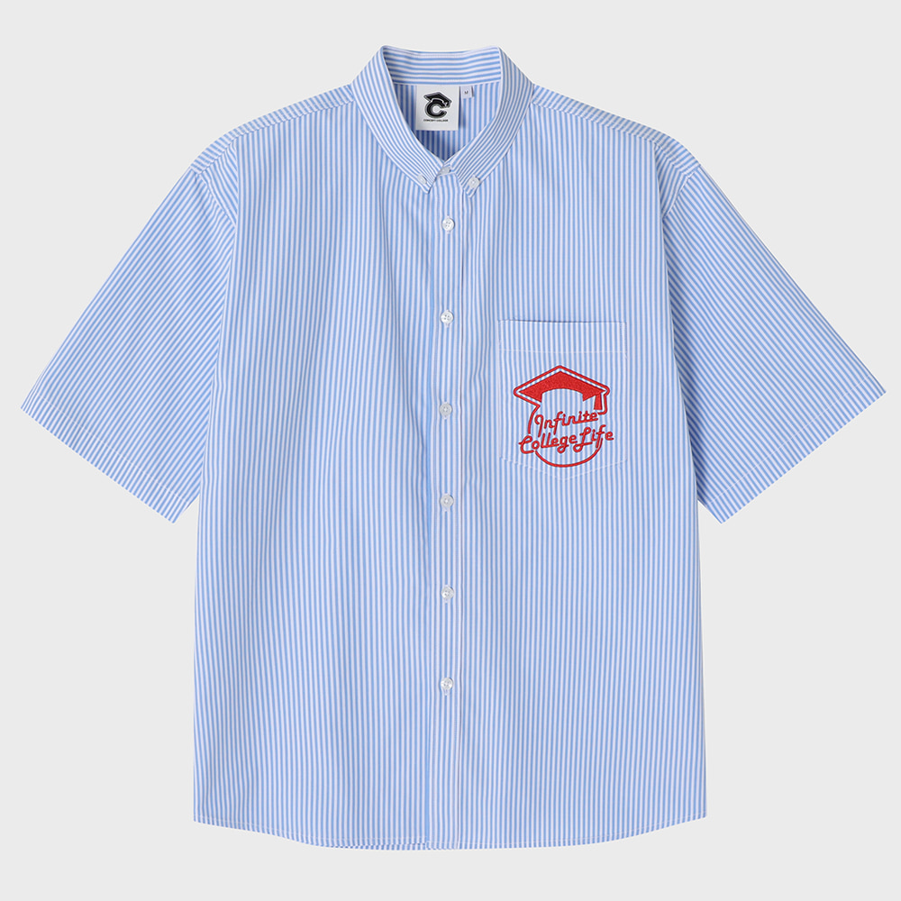 Blue Stripe Pocket short-sleeved Shirt [Unisex]