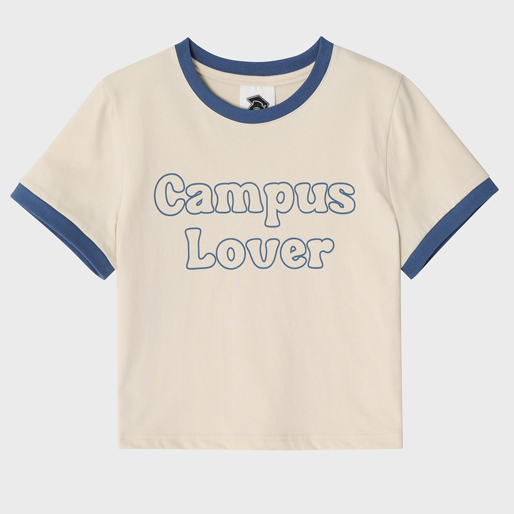 Campus Lover Cream Crop Short-Sleeved Ringer T-Shirt [For Women]